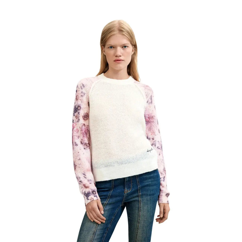 Desigual women floral knit sweater in cream with pink and purple floral sleeves made of white wool blend