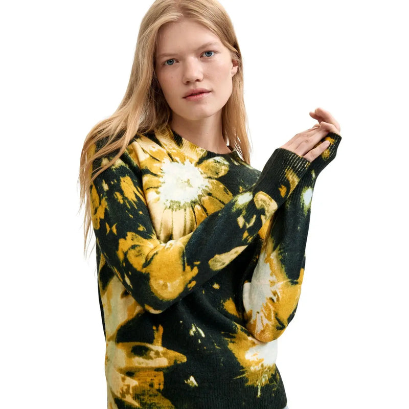 Pull Desigual pour femme en maille florale, mélange acrylique noir, tie-dye jaune vif et noir à motif tournesol