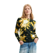 Pull Desigual pour femme en maille florale noire, mélange acrylique, avec un motif tie-dye noir et jaune et un tournesol audacieux.