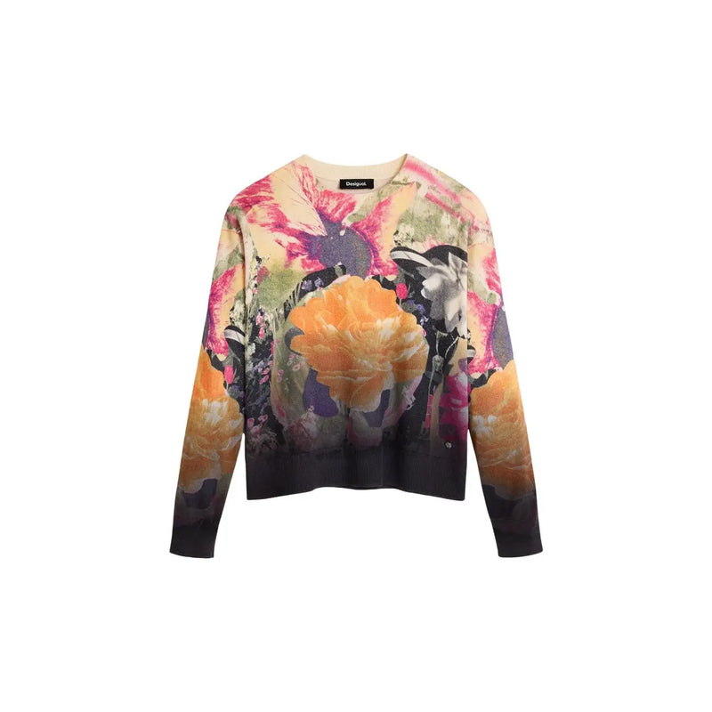 Desigual women floral knitwear cashmere cotton sweater with vibrant pink orange and black abstract floral print design