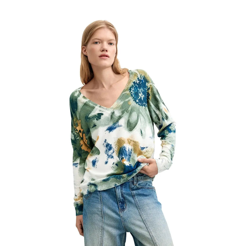Desigual women floral knitwear long sleeved v neck sweater in watercolor floral pattern with green blue and gold shades
