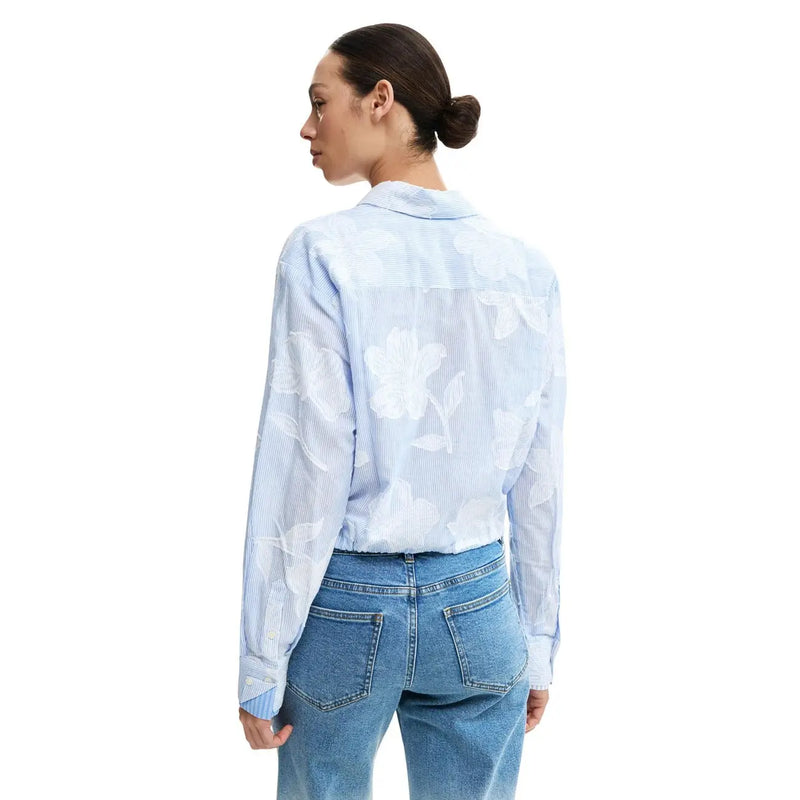 Desigual women floral long cotton shirt light blue with subtle white embroidery and vertical striped texture