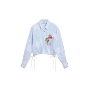 Desigual women floral long cotton shirt light blue with white stripes and colorful embroidered red flower pocket