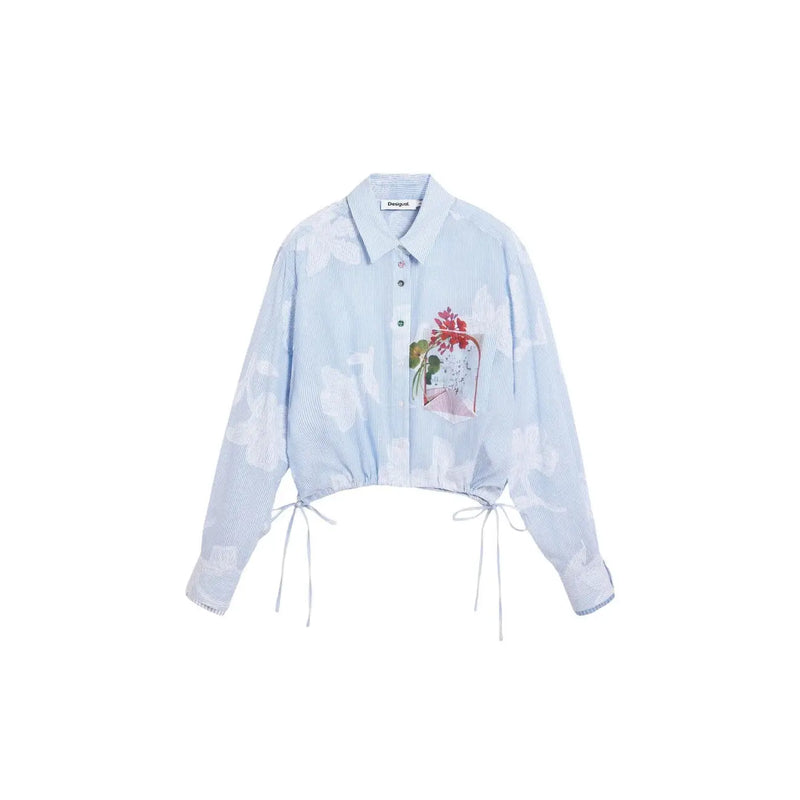 Desigual women floral long cotton shirt light blue with white stripes and colorful embroidered red flower pocket