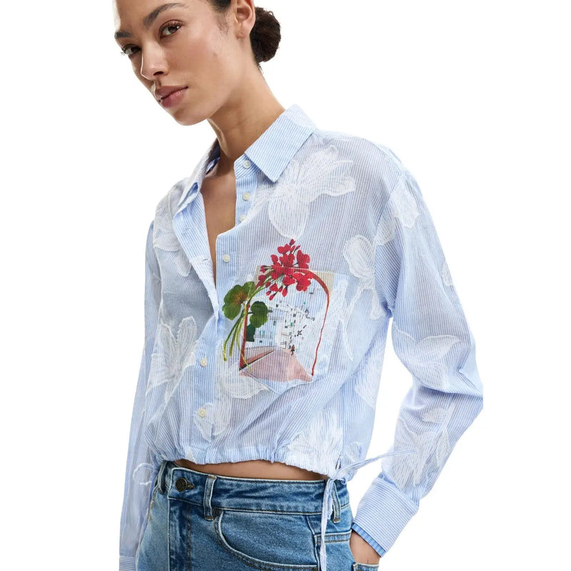 Desigual women floral long cotton shirt light blue with white stripes and delicate floral embroidery