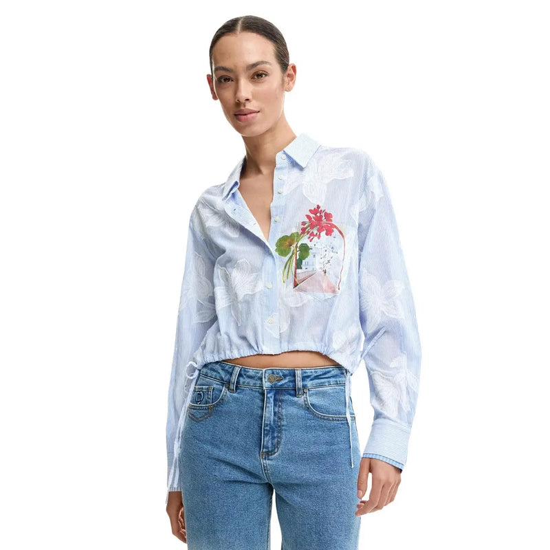 Desigual women floral long cotton shirt light blue striped button-up with floral embroidery patch on the chest