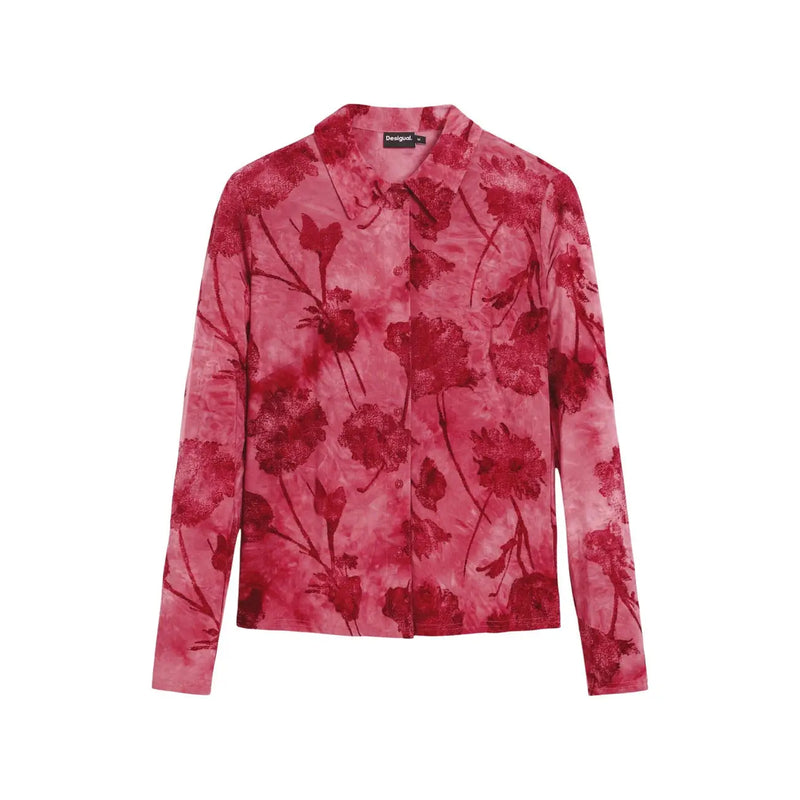 Desigual women fuchsia long sleeve classic shirt made of polyester with pink and red floral pattern and tie-dye effect