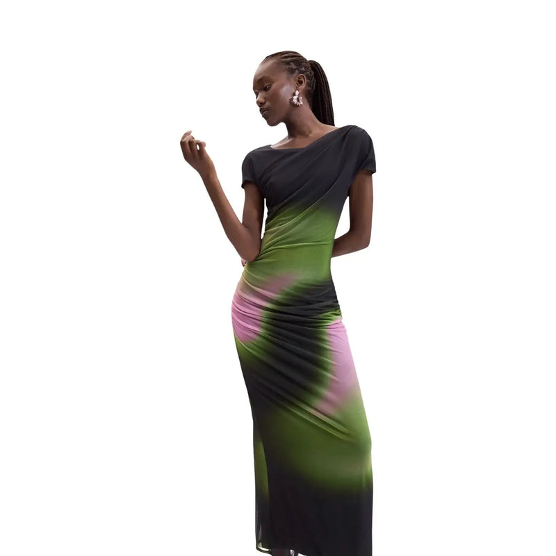 Desigual women green slim fit midi dress with black to green gradient and pink swirls made of polyester elastane