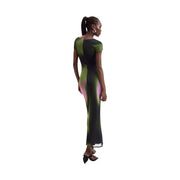 Desigual women green dress slim fit midi dress with gradient green black and purple hues polyester elastane