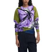 Desigual Women Green Floral Long Round Neck Knitwear with purple and white floral print