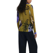 Desigual olive green ribbed knit sweater with black purple floral embroidery
