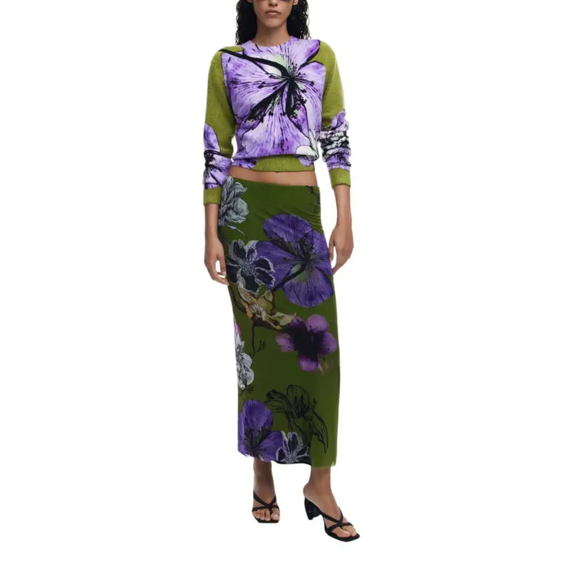 Desigual Damen grünes, geblümtes Cropped-Strickrock-Set, olivvioletter Print