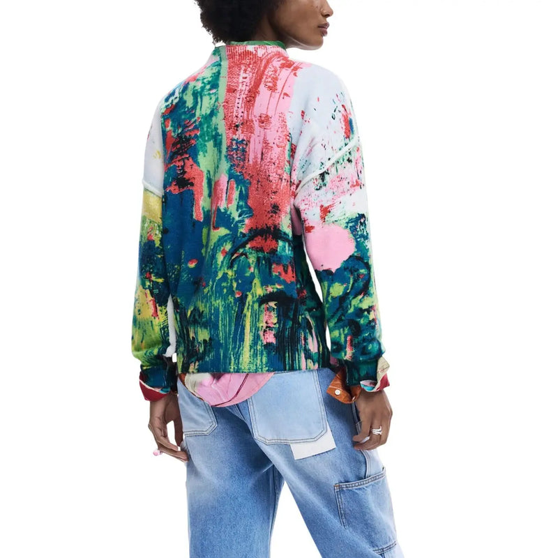 Desigual Damen-Pullover aus grünem Acrylmischgewebe mit lebhaftem, abstraktem Farbspritzermuster in kräftigen Farben