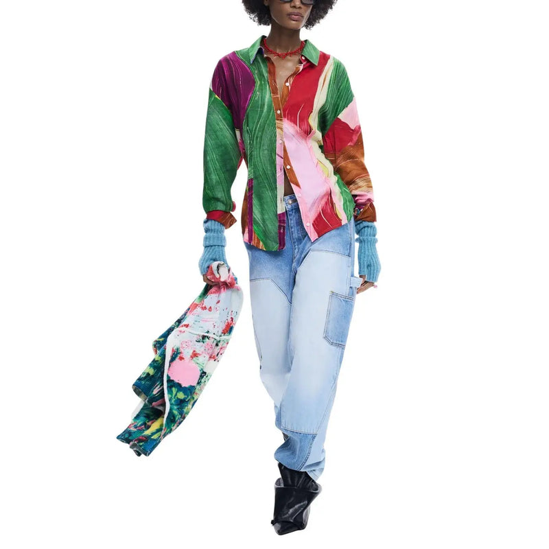Desigual women green lyocell long classic shirt with vibrant long sleeves and bold abstract floral pattern
