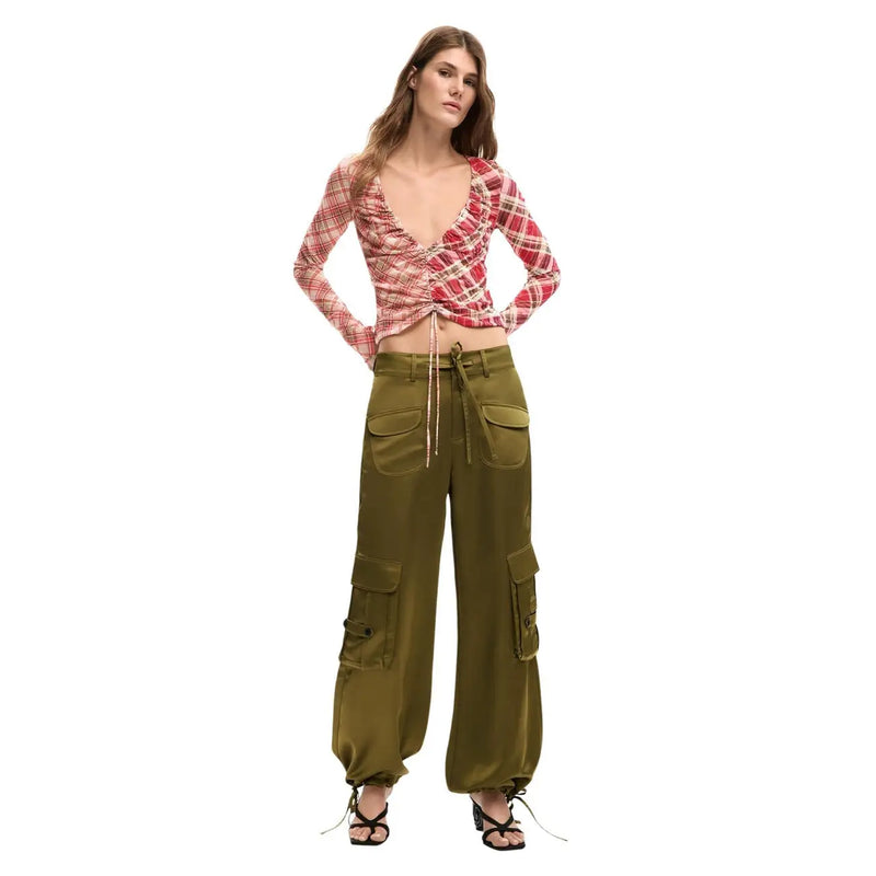 Desigual women green polyester cargo pants with multiple pockets and drawstring waistband for casual wear