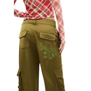 Back side of desigual women green polyester cargo pants with pockets featuring embroidered floral design on the back pocket