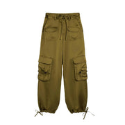Desigual women green polyester cargo pants with multiple pockets and drawstring waistband for casual wear