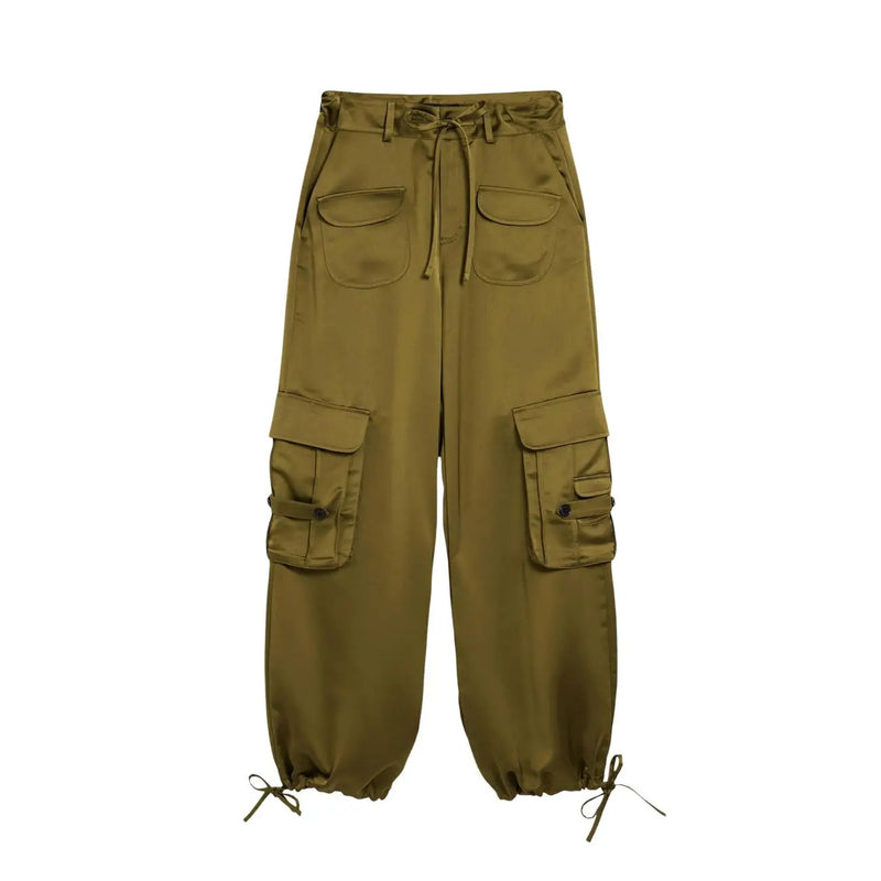 Desigual women green polyester cargo pants with multiple pockets and drawstring waistband for casual wear