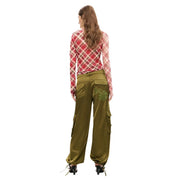 Back side of olive satin cargo pants with green embroidered patch on pocket by Desigual women polyester trousers