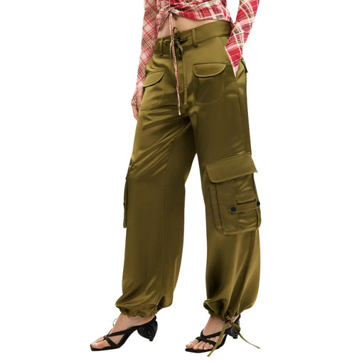 Olivgrüne Cargohose aus Satin-Polyester für Damen von Desigual mit mehreren Taschen und Kordelzugbund