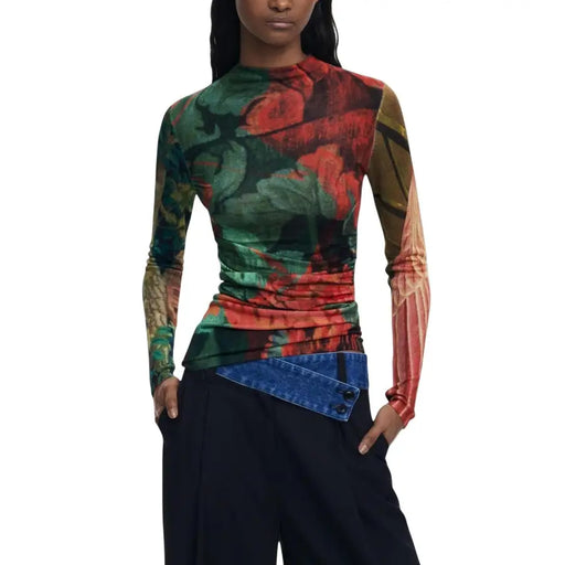 Desigual Women Green Viscose Round Neck Long Knitwear with vibrant multicolored floral print
