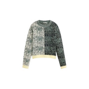 Desigual women green wool blend knitwear pullover sweater with cream and dark green split-color design and pale yellow cuffs
