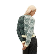 Desigual women green wool blend knitwear pullover cropped long-sleeve with two-tone speckled pattern and cream cuffs