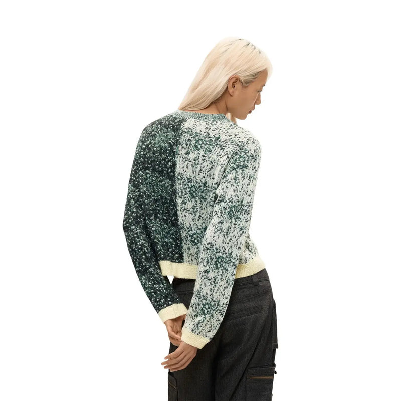 Desigual women green wool blend knitwear pullover cropped long-sleeve with two-tone speckled pattern and cream cuffs