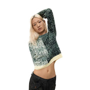 Desigual women green wool blend cropped high-neck sweater with speckled knit pattern and cream ribbed hem