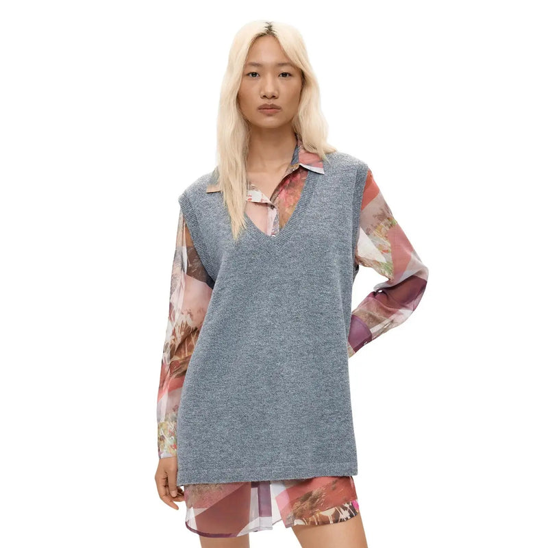 Desigual women grey polyester sleeveless dress with a low cut and long sheer floral sleeves in pink and purple shades