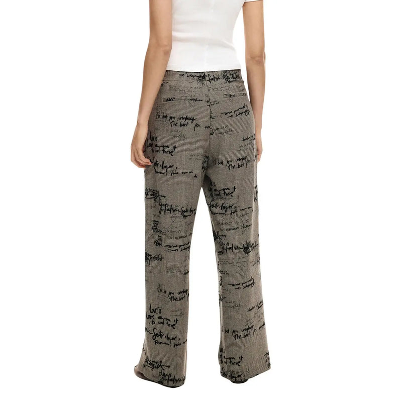 Desigual women grey pattern zip trousers with a subtle plaid and black script design in viscose blend fabric