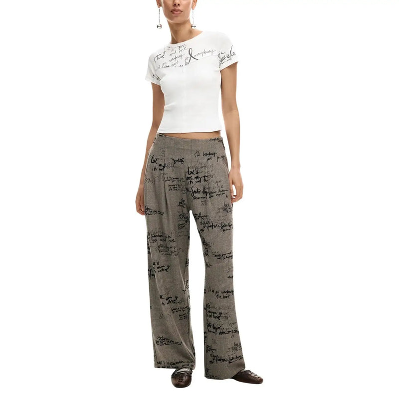 Desigual women grey wide-leg trousers with subtle plaid and black script patterns made from viscose blend fabric