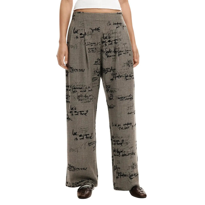 Desigual women grey plaid zip trousers with bold black handwritten script pattern in viscose blend fabric