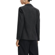 Desigual women grey pinstripe blazer with lapel collar features a tailored fit and subtle vertical stripes