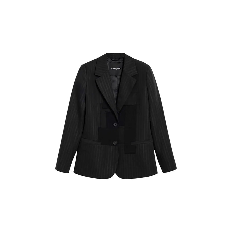 Desigual women grey pinstripe blazer with lapel collar featuring black textured fabric and subtle vertical stripes