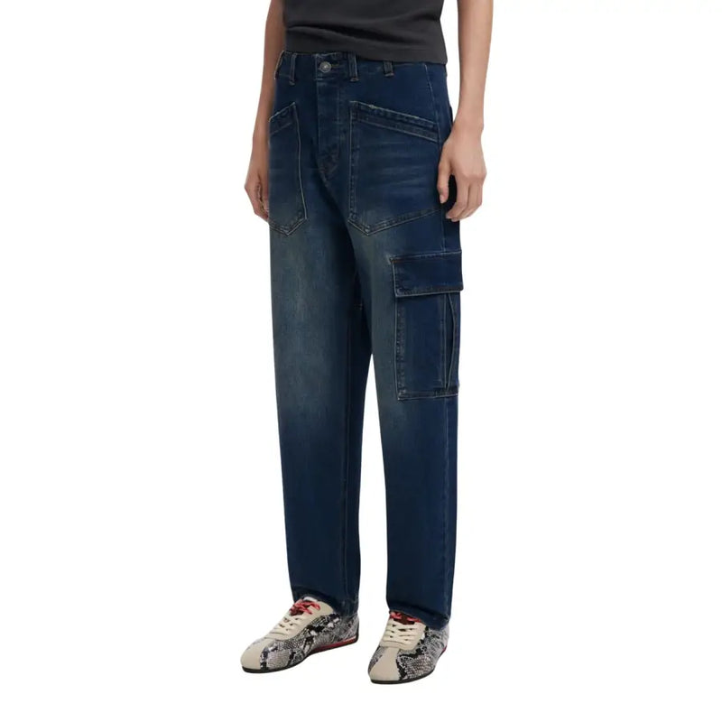 Men’s dark wash denim cargo pants displayed in Desigual Women Jeans Blue Fall Winter collection