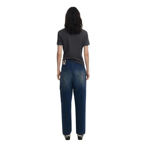 Woman wearing dark gray t-shirt and loose-fit blue Desigual Women Jeans Blue Fall Winter
