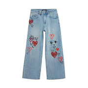 Desigual women light blue cotton denim jeans with red heart doodles and Mickey Mouse patch on the thigh