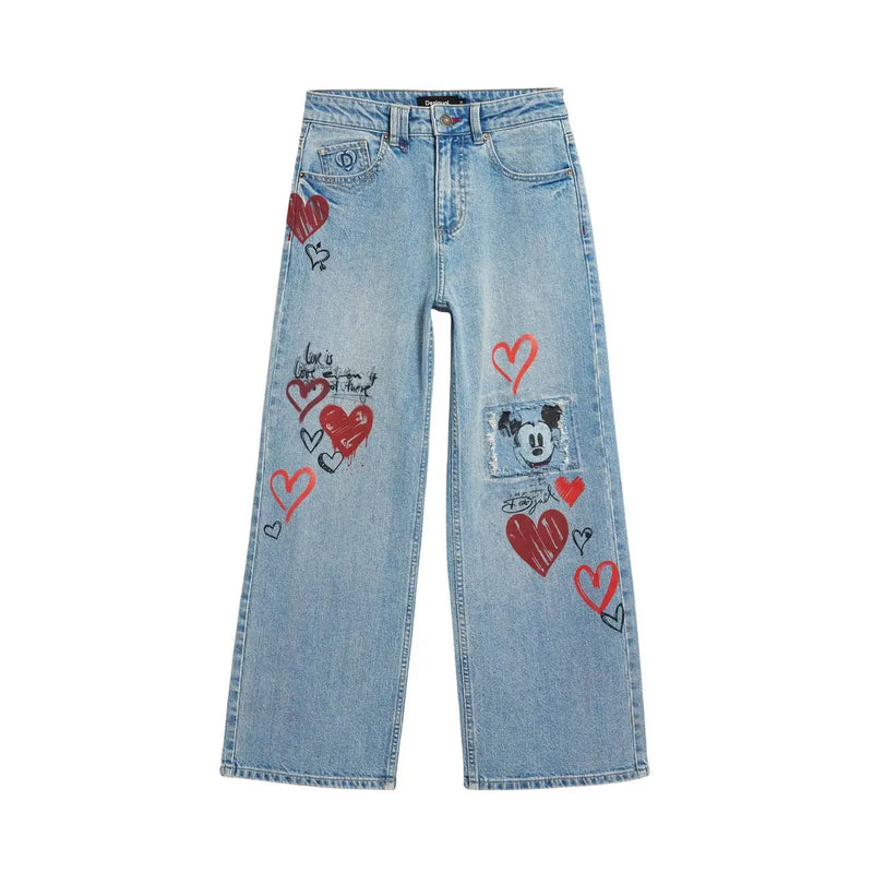 Desigual women light blue cotton denim jeans with red heart doodles and Mickey Mouse patch on the thigh