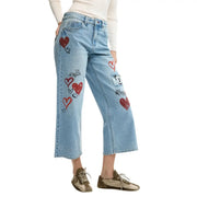 Desigual women jeans light blue cotton denim featuring playful red heart and mickey mouse patches with graffiti lettering