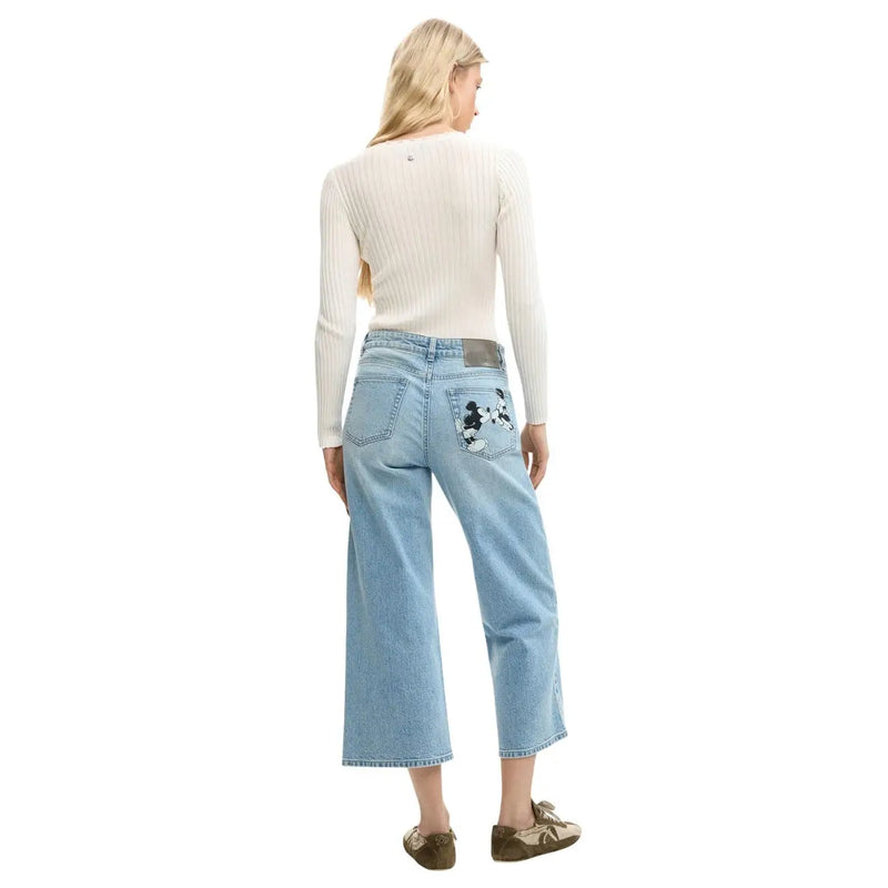 Back side of desigual women jeans in light blue cotton denim with mickey mouse embroidery on the pocket