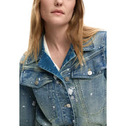 Desigual women light blue blazer in medium-wash denim with white floral embroidery and subtle distressing details