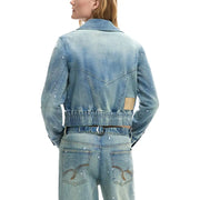 Back side of a desigual women light blue cropped denim jacket with distressed white paint splatter and brown stitching pockets
