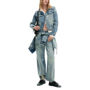 Desigual women light blue blazer made of distressed light-wash denim with cropped button-up design and frayed hem