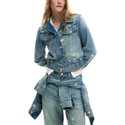 Desigual women light blue blazer with pockets featuring distressed denim material and white floral embroidery details