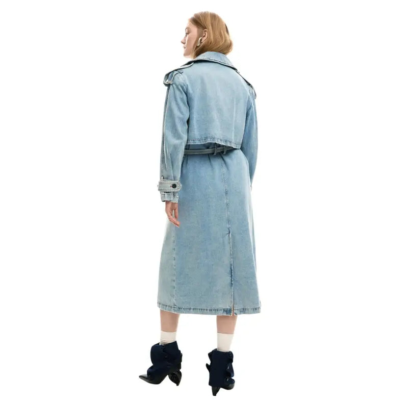 Desigual women light blue cotton blazer with belt featuring light-wash denim trench coat style and rolled-up cuffs