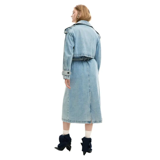 Desigual women light blue cotton blazer with belt featuring light-wash denim trench coat style and rolled-up cuffs