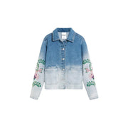 Desigual women light blue cotton blazer with gradient denim fade and pink green floral embroidery on sleeves