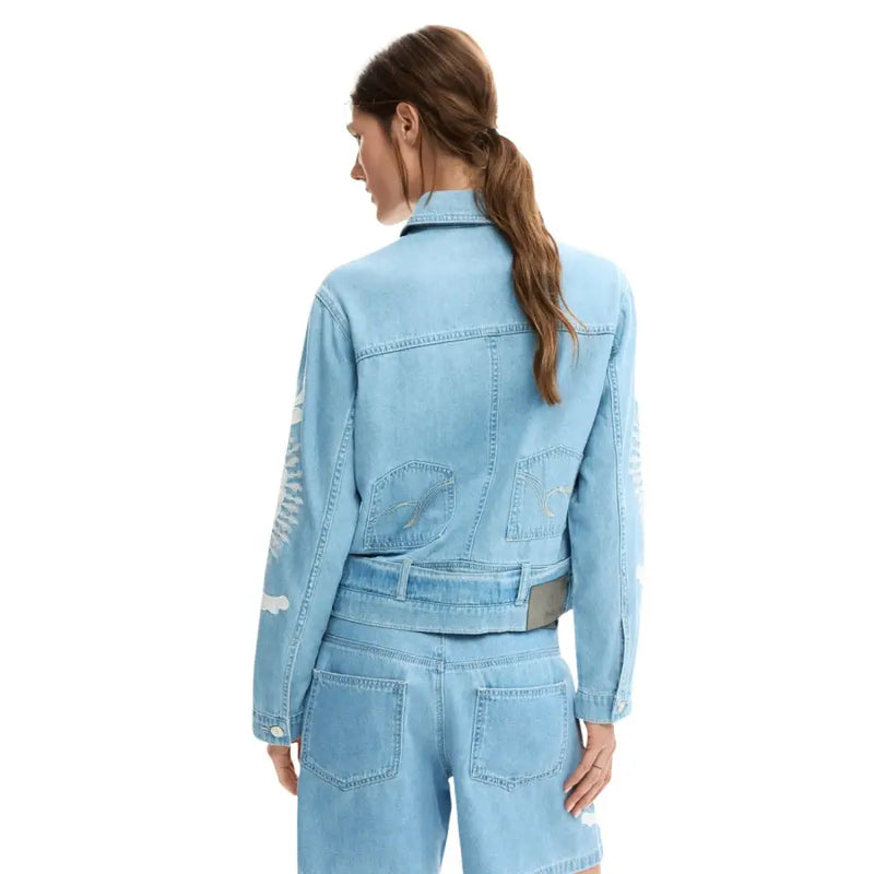 Desigual women light blue cotton blazer featuring distressed patches and subtle embroidery on the sleeves