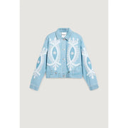 Light blue cotton denim blazer for women by Desigual with intricate white embroidered floral and leaf patterns